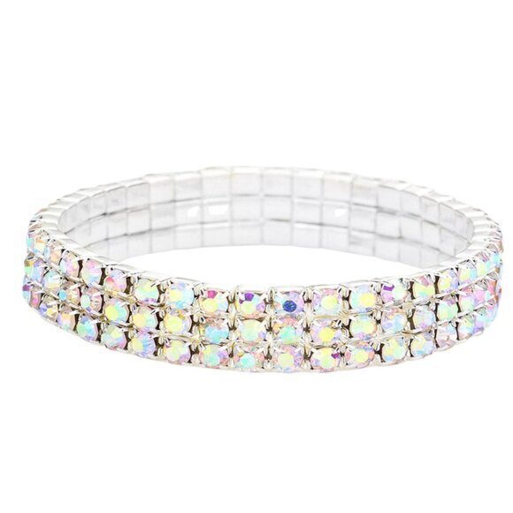 Women's Rhinestone Bracelet AB 3-Row‎ Stretch - Picture 2 of 7